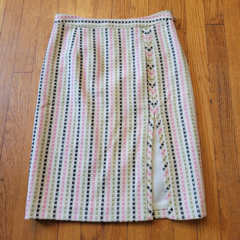Milly NY 4 Wool Pencil Skirt Front Slit Pink Green Black Cream Career Office